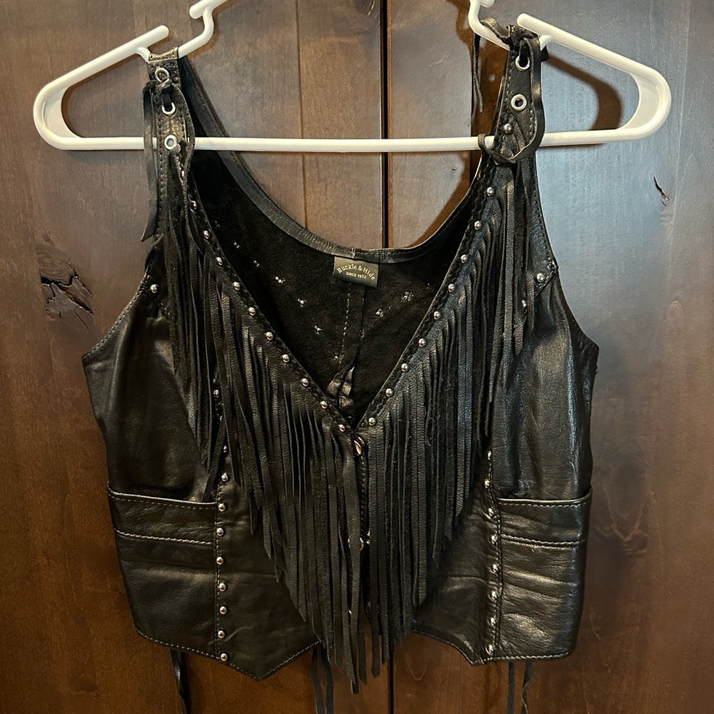 Women’s XS/Small Leather Black Fringe Biker Motorcycle Vest